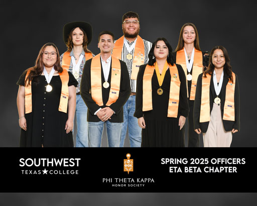 Spring 2025 Eta Beta Chapter Officers pose for a photo in front of a dark background.