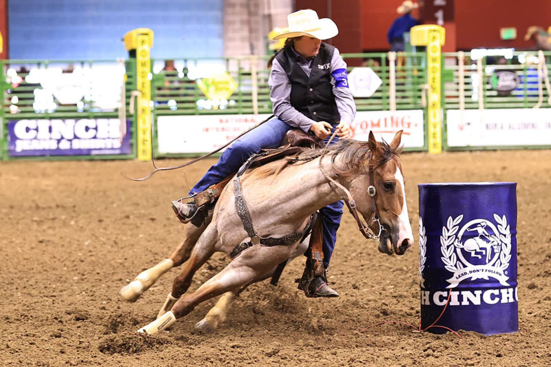 Rodeo team member on a horse going around a barrel in a rodeo arena