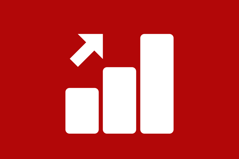 White bar graph icon on a red background