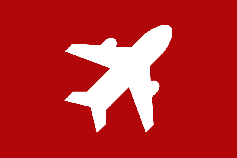 White airplane icon on a red background