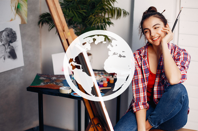 White globe logo over a photo of an art student painting on an easel