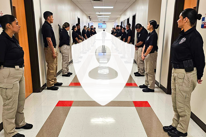 White shield logo over a photo of cadets practicing at the range