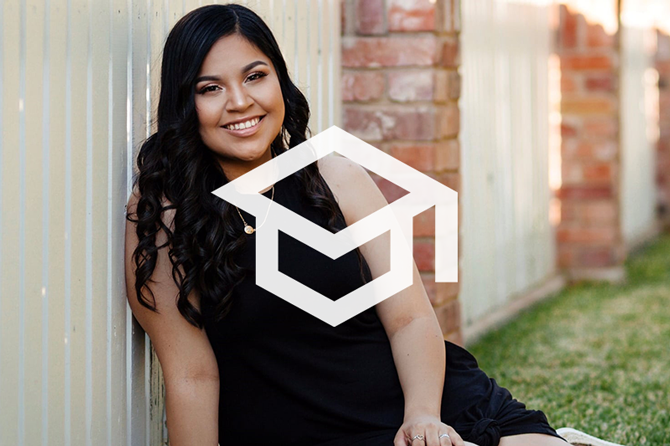 White graduation cap logo over a photo of a TRiO SSS student sitting on green grass in front of a brick and white picket fence