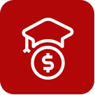 Red square with a white coin wearing a grad cap icon