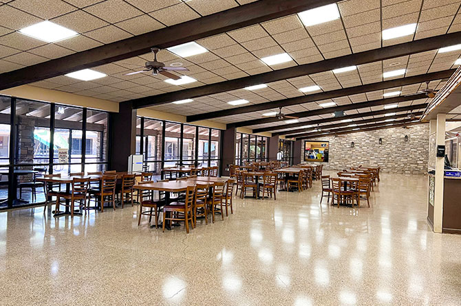 Housing & Dining - A photo of the Matthews Student Center Cafeteria seating area.
