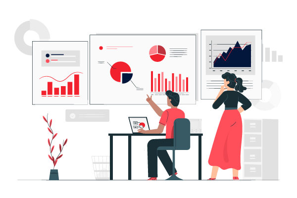Image of different data points illustrated on a wall with two staff members looking at the data in an office setting.