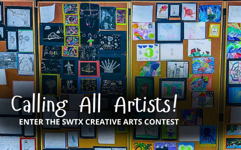 Photo of past Creative Art Contest entries displayed on cork boards with the title Calling All Artists! Enter the SWTX Creative Arts Contest in white font.  